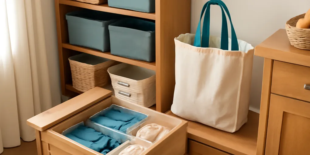 Organized reusable grocery bags in a labeled entryway bin with a few folded bags ready for the car