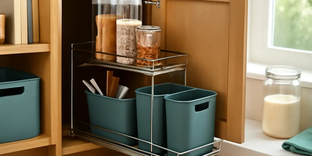 Pull-out under-sink cabinet organizer with cleaning supplies arranged around sink plumbing