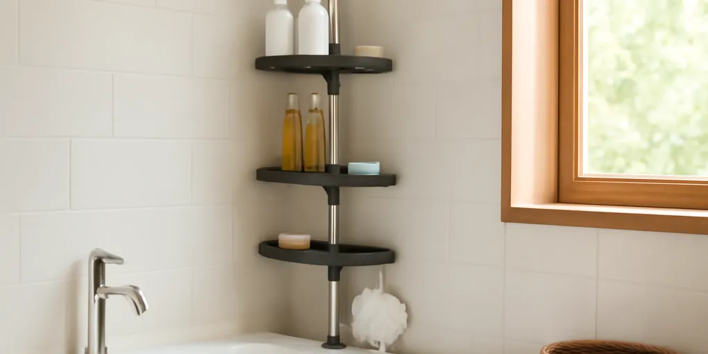 Tidy shower corner with a tension pole caddy holding shampoo bottles, soap, razors, and washcloths in separate shelves