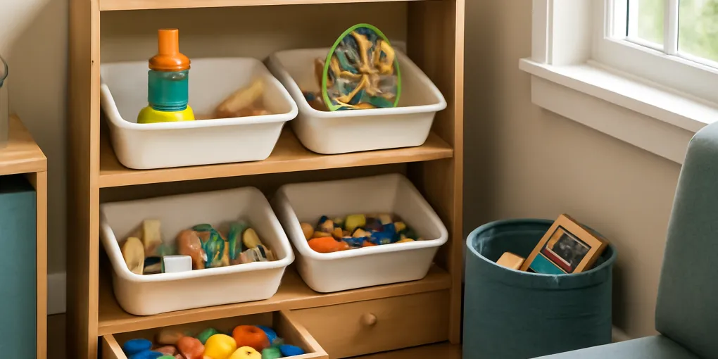 Photorealistic organized home scene showing toy rotation bin system small living room