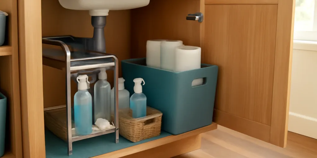 Photorealistic open cabinet under a sink with pipes clear bins cleaning supplies and waterproof mat