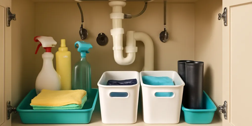 Organized under-sink cabinet with pull-out bins, cleaning bottles, microfiber cloths, and a clear plumbing access zone
