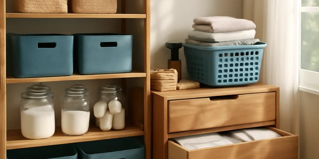 Laundry room with sorted baskets, labeled shelves, and folded towels ready for reset