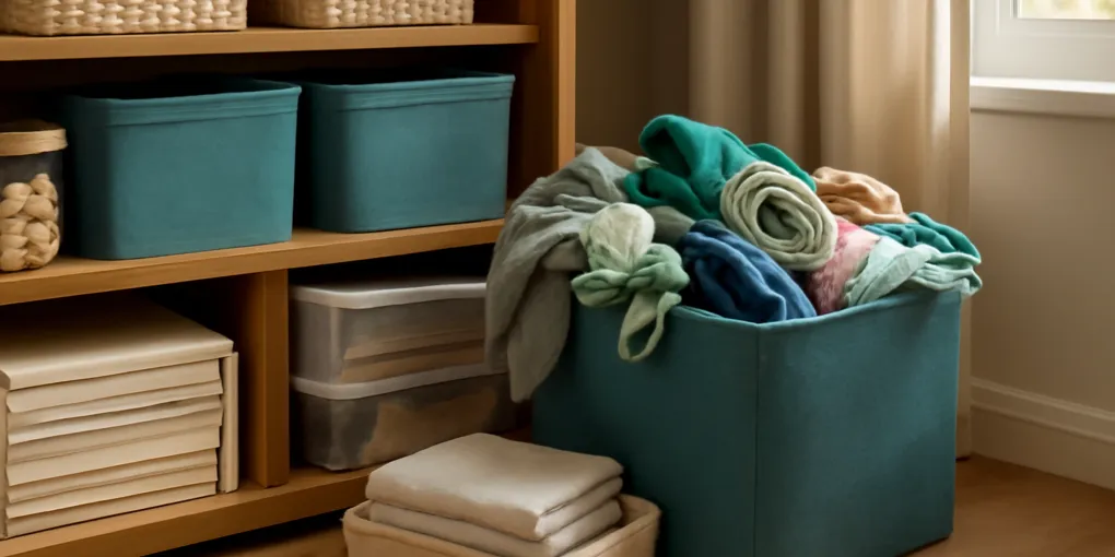 Clutter basket overflow psychology scene with papers, cables, sunglasses, labels, and an overfilled woven catch-all basket