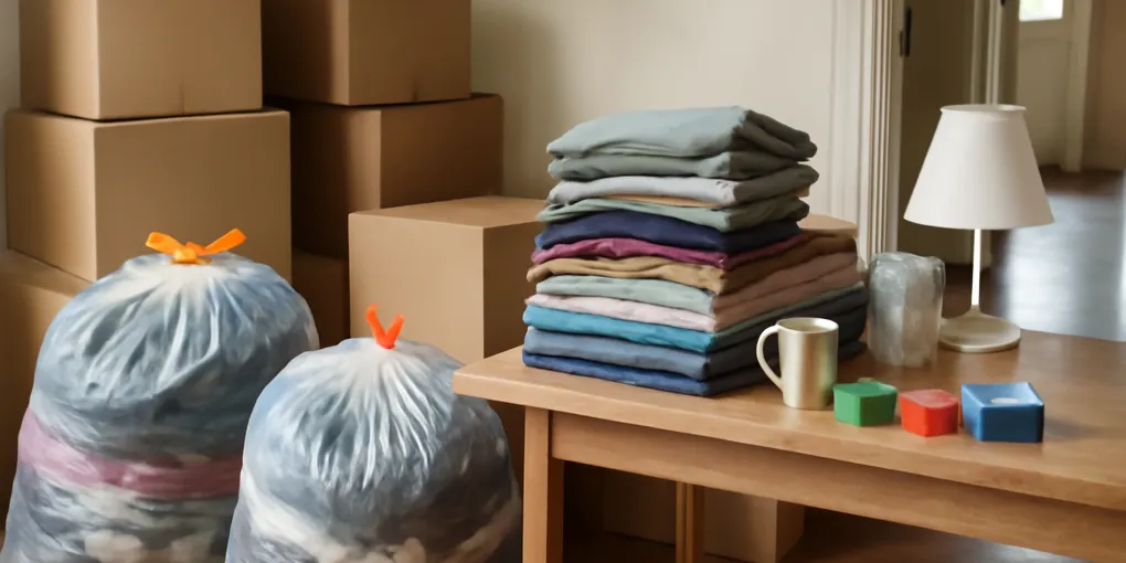 Donation piles beside stacked cardboard moving boxes, translucent bags of clothing, folded clothes, glassware, small household items, and a table lamp, no readable text