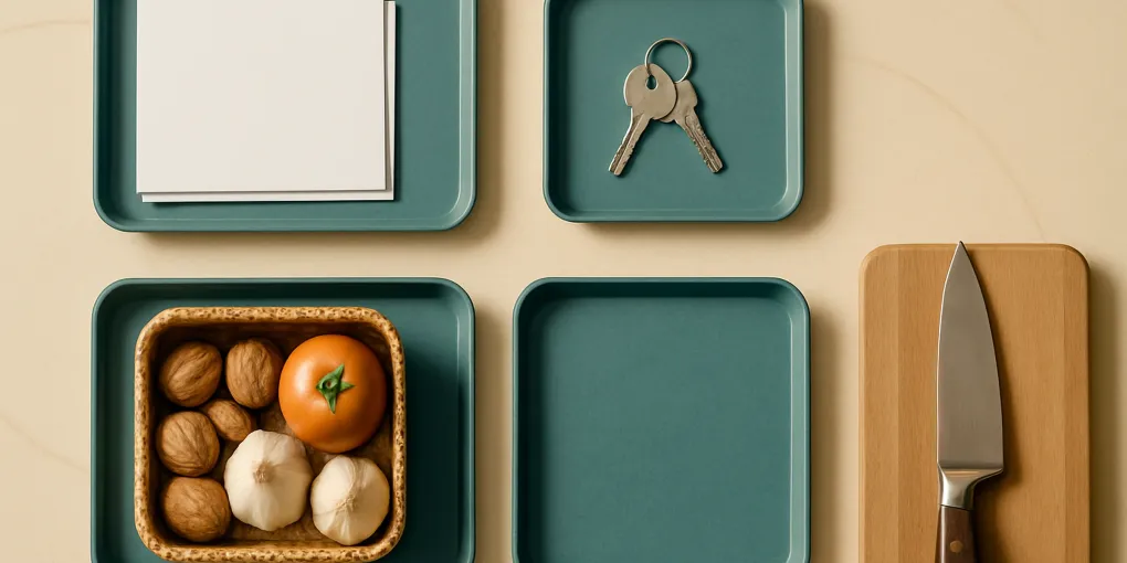 Kitchen counter divided into a clear prep zone, labeled tray, mail slot, and small return bin with warm wood and teal accents