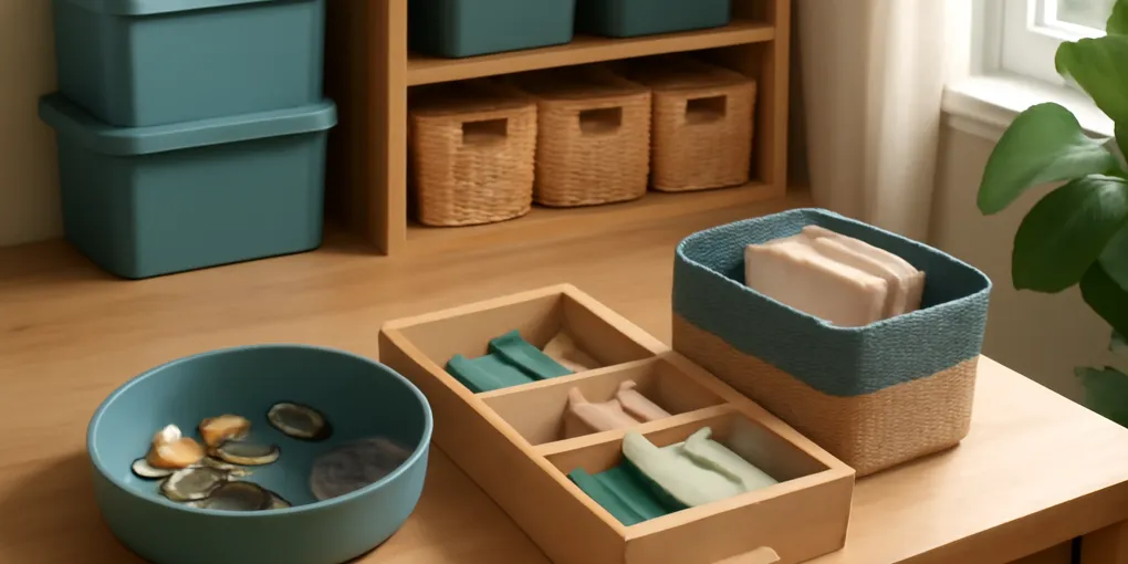 Kitchen counter with a small bowl of keys, coins, receipts, and hair ties next to a tidier divided tray