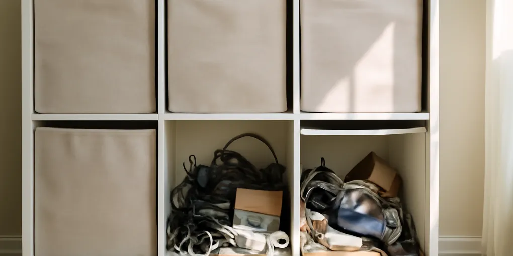 Open cube shelf with some bins labeled and some cluttered cubbies showing the contrast between bounded and unbounded storage