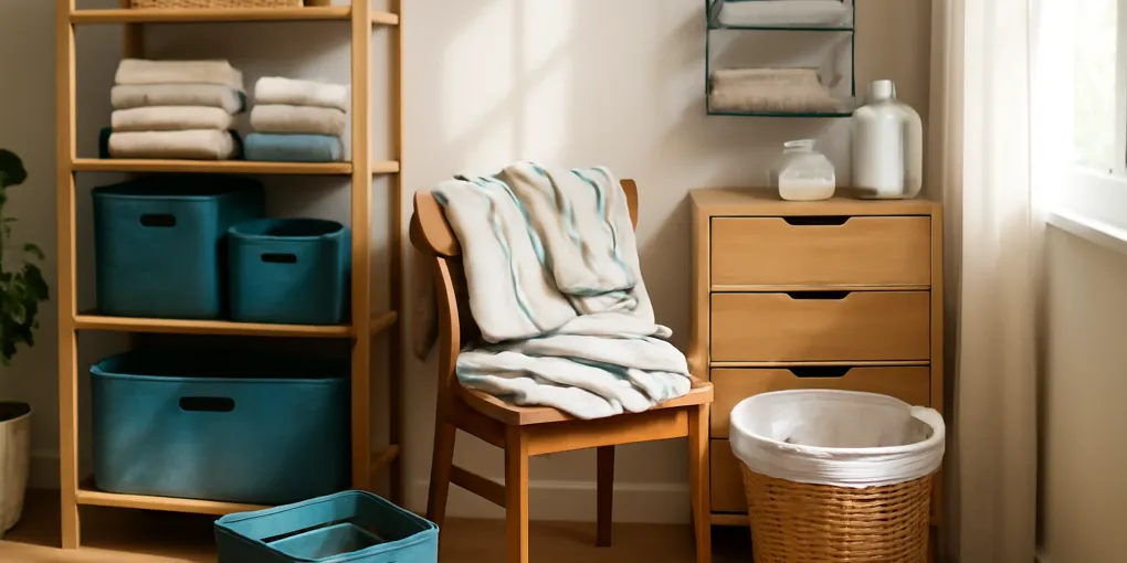 Bedroom chair with a small pile of half-clean clothes beside an organized closet and soft morning light